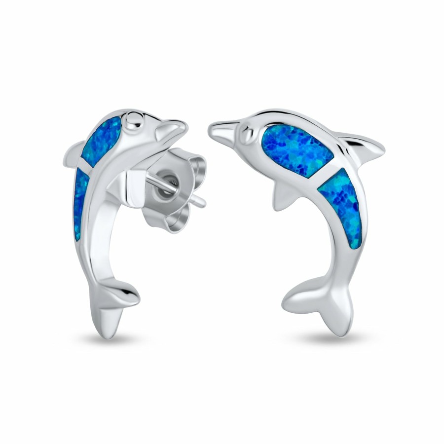 Shop Women Bling Jewelry Stud Earrings | Created Opal Nautical Dolphins Stud Earrings .925Sterling Silver