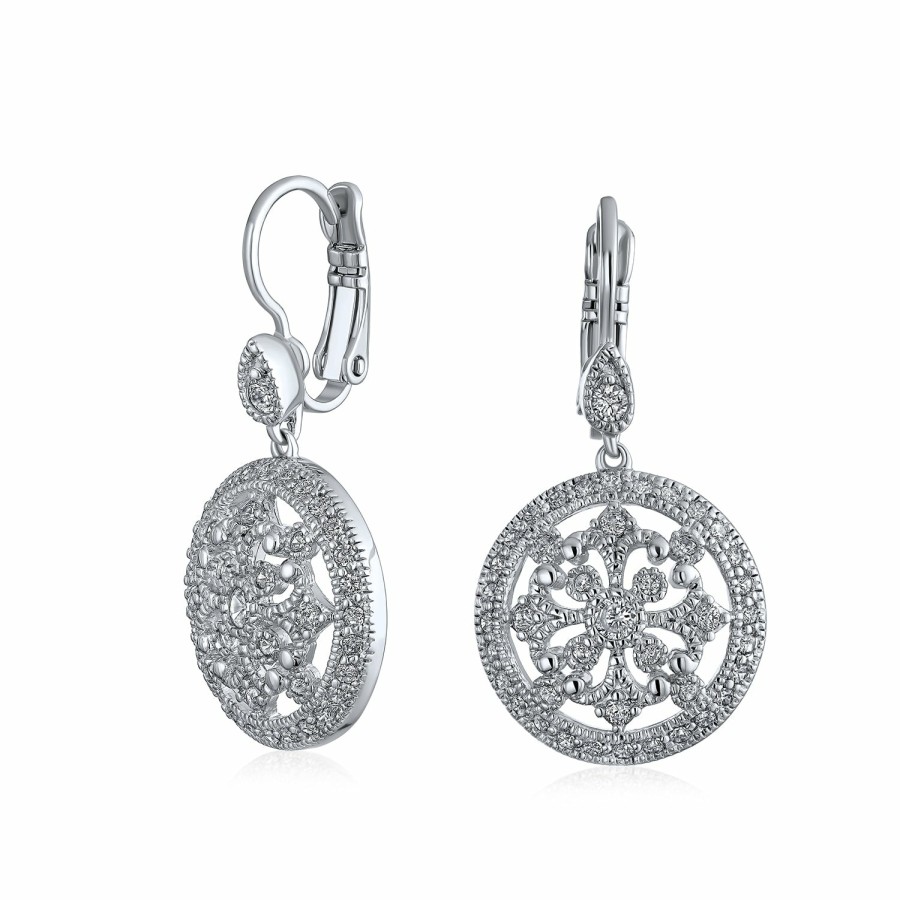 Shop Women Bling Jewelry Dangle Drop Earrings | Shield Circle Round Compass Cz Prom Dangle Earrings Silver Plated