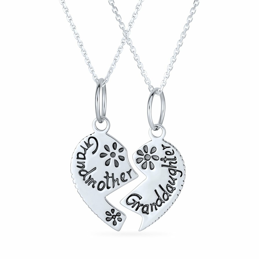 Shop Women Bling Jewelry Engravable Necklaces | Grandmother Granddaughter Split Broken Heart Sterling Necklace Silver