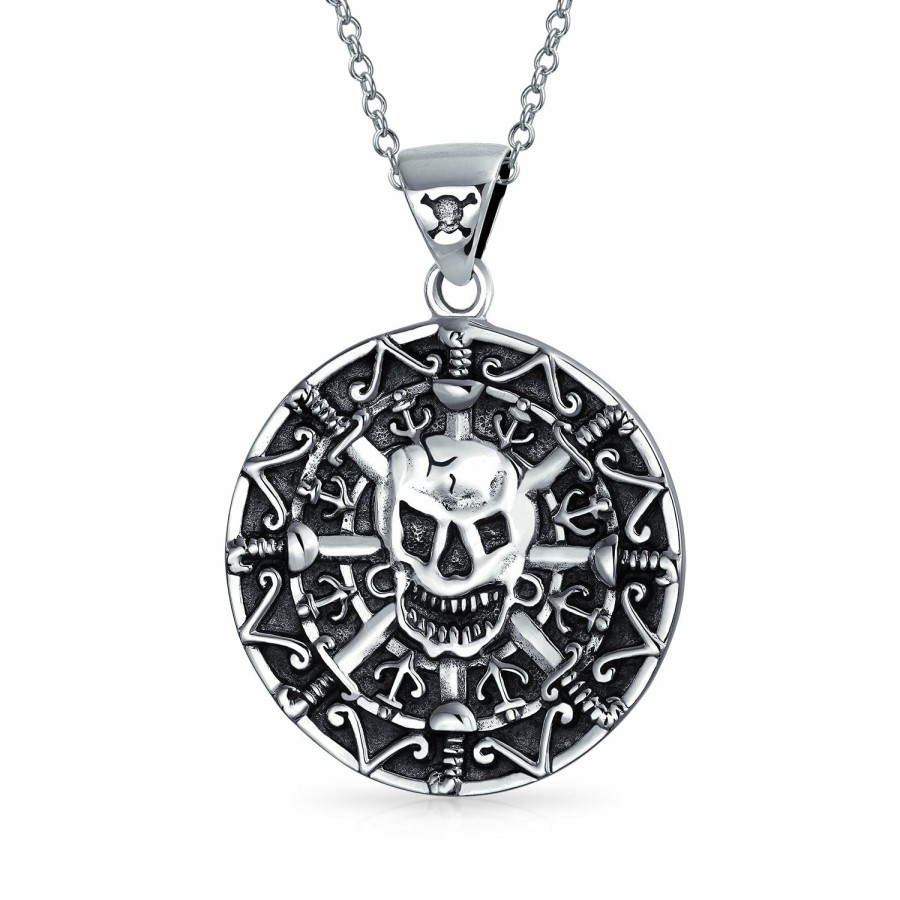 Shop Women Bling Jewelry Pendant Necklaces | Caribbean Pirate Skull Coin Medallion Pendant Necklace Sterling Silver