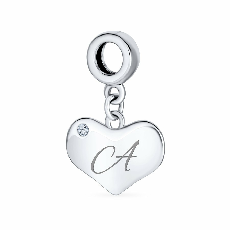 Shop Women Bling Jewelry Engravable Charms | Script White Clear Crystal Accent Heart Dangle Bead Charm .925 Silver