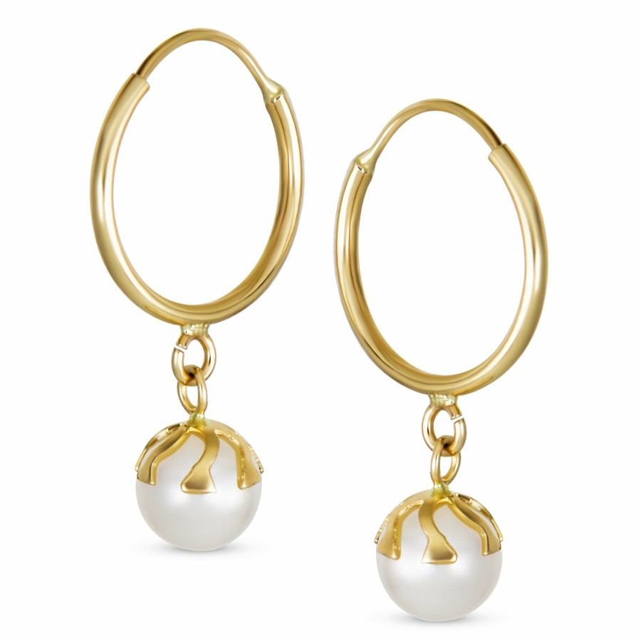 Shop Women Bling Jewelry Dangle Drop Earrings | Freshwater White Pearl Ball Drop Mini Hoop Earrings Genuine 14K Gold