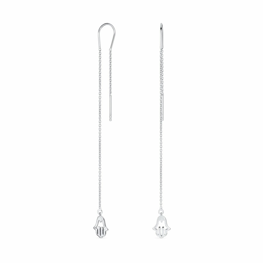 Shop Women Bling Jewelry Dangle Drop Earrings | Hamsa Hand Symbol Spiritual Chain Threader Earrings Sterling Silver