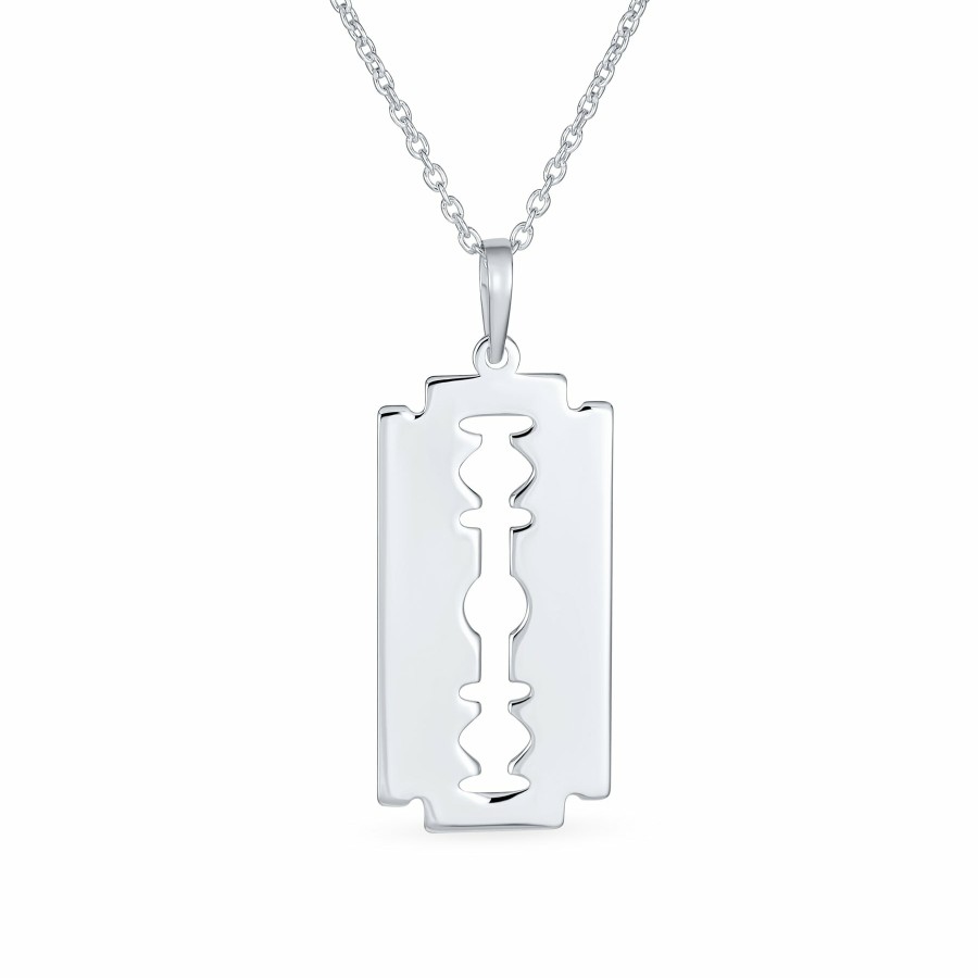 Shop Men Bling Jewelry Mens Pendants & Dog Tags | Urban Rocker Razor Blade Dog Tag Necklace Pendant .925Sterling Silver