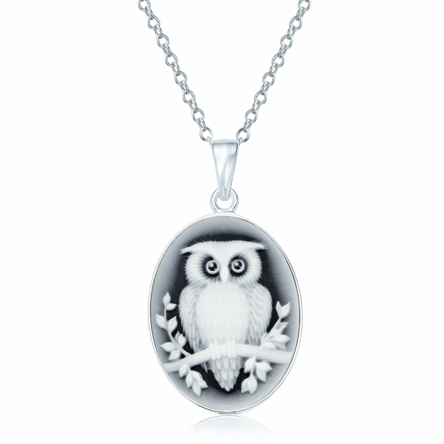 Shop Women Bling Jewelry Delicate Pendant Necklaces | Vintage Style Black Oval Wise Owl Cameo Pendant Necklace .925 Silver