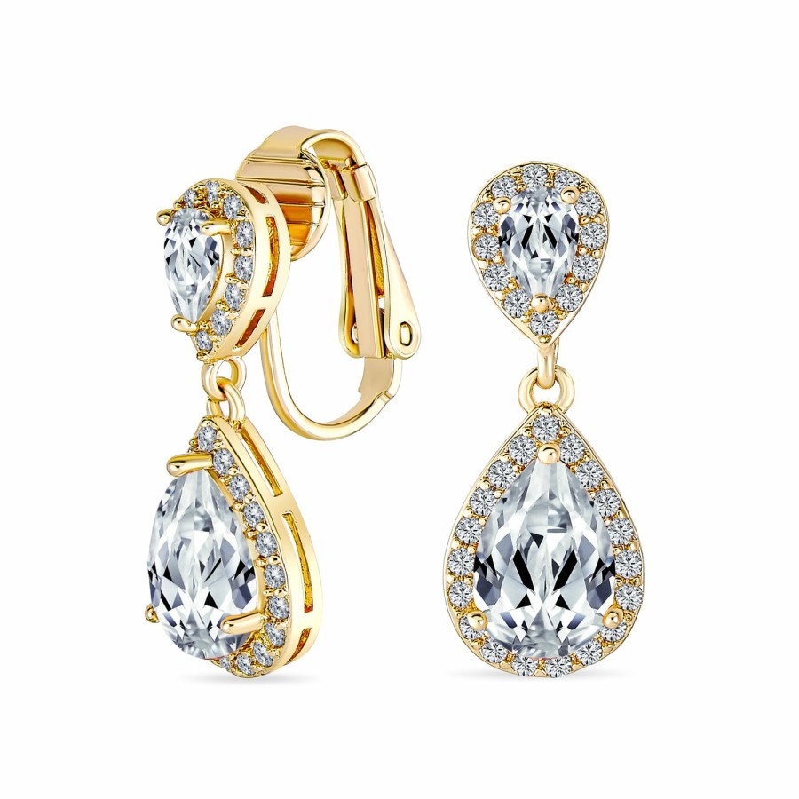 Shop Women Bling Jewelry Chandelier Earrings | Bridal Teardrop Cz Halo Chandelier Clip On Earrings Silver Gold