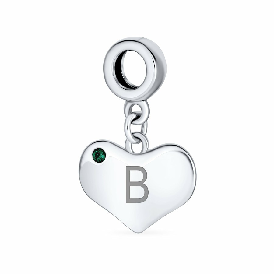 Shop Women Bling Jewelry Engravable Charms | Emerald Green Crystal Accent Heart Shaped Dangle Bead Charm .925 Silver