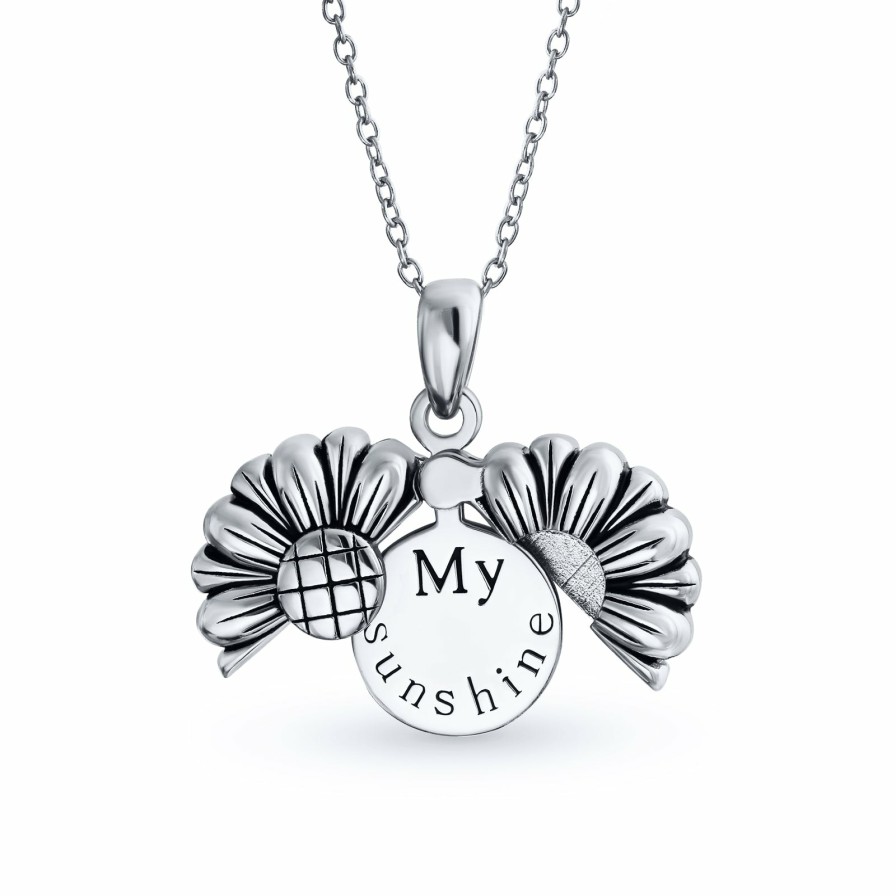 Shop Women Bling Jewelry | My Sunshine Words Sunflower Locket Pendant Necklace Sterling Silver