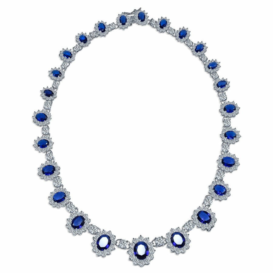 Shop Women Bling Jewelry Jewelry Sets | Bridal Halo Blue Sapphire Cz Statement Necklace Chandelier Earrings Jewelry Set