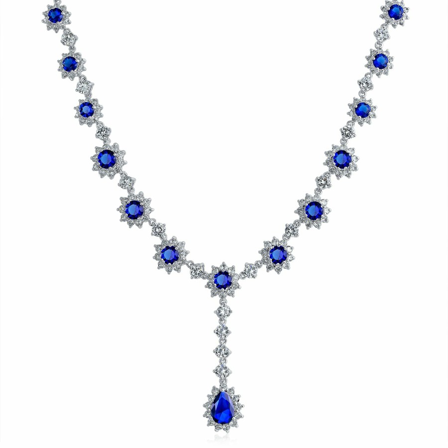 Shop Women Bling Jewelry Jewelry Sets | Bridal Halo Blue Sapphire Cz Statement Necklace Chandelier Earrings Jewelry Set