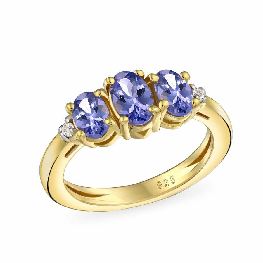 Shop Women Bling Jewelry Unique Rings | Natural Tanzanite Gemstone 3 Oval Stone Trinity Ring Gold Plated .925 Sliver