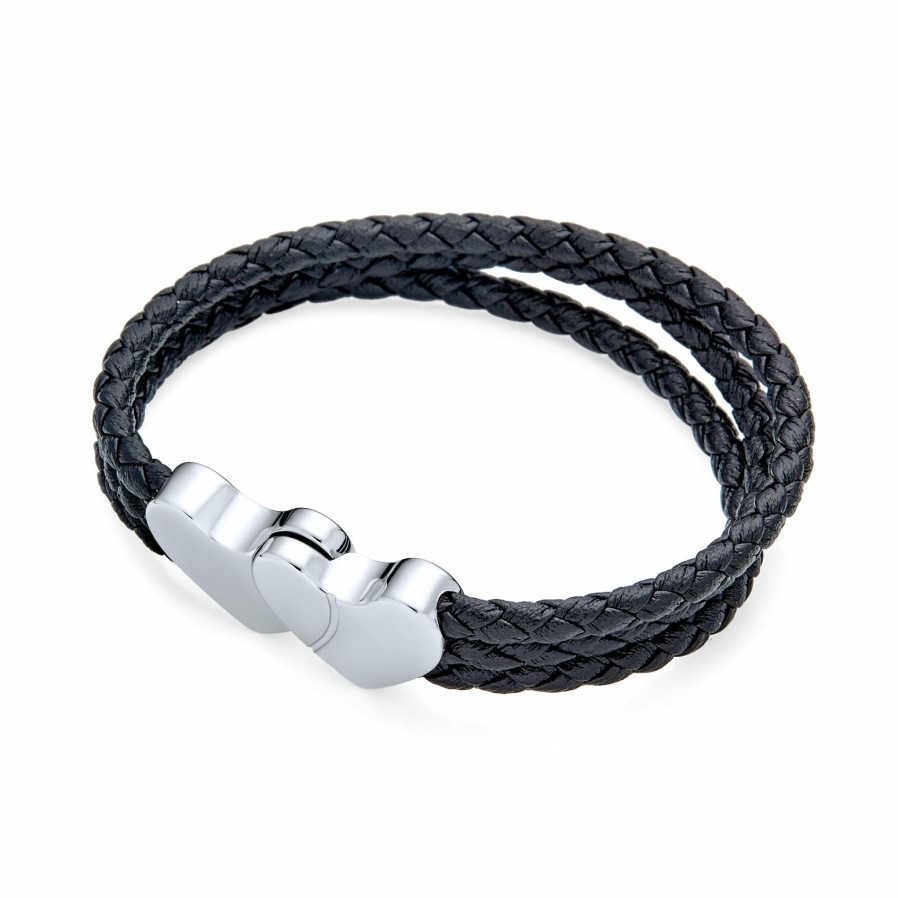 Shop Women Bling Jewelry Wrap Stretch Bracelets | Interlocking Heart Black Strand Woven Leather Bracelet Stainless Steel