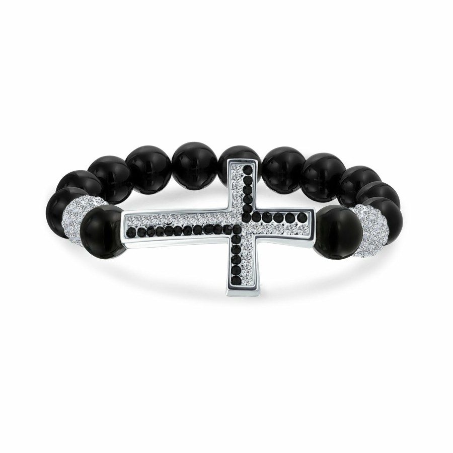 Shop Men Bling Jewelry Mens Bracelets & Id Bracelets | Sideways Cross Diagonal Onyx Turquoise Crystal Bracelet Silver Plated