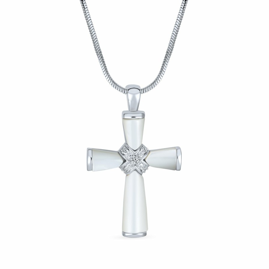 Shop Women Bling Jewelry Pendant Necklaces | Mop Mother Of Pearl Cross Pendant Cz Accent Silver Plated Necklace