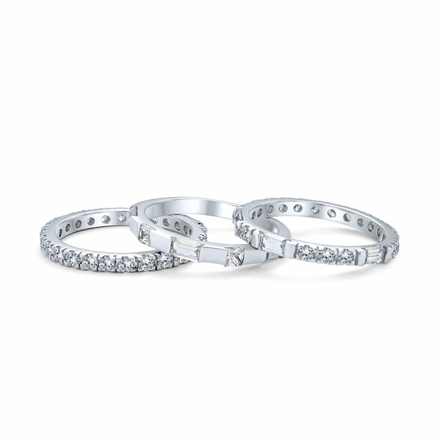 Shop Women Bling Jewelry Stacking Eternity Rings | Stacking Aaa Cz Baguette Eternity Wedding Band Ring Set .925 Sterling Silver