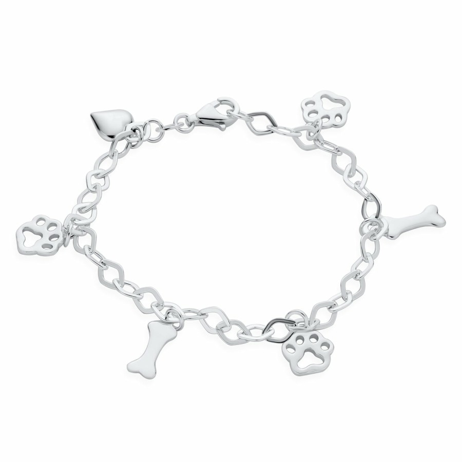 Shop Women Bling Jewelry Unique Bracelets | Pet Dog Puppy Heart Bone Paw Print Dangle Charm Bracelet .925 Silver