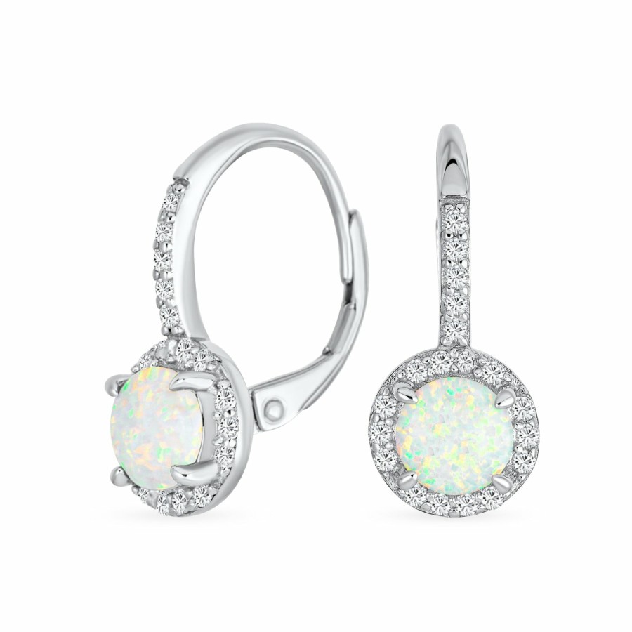 Shop Women Bling Jewelry Dangle Drop Earrings | Gemstone Created Opal Halo Pave Cz Round Drop Earrings Sterling