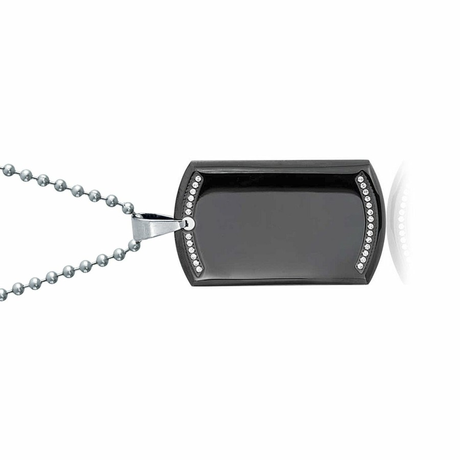 Shop Men Bling Jewelry Mens Engravable Necklaces | Dog Tag Pendant Necklace Edge Silver Tone Stainless Steel Bead Black