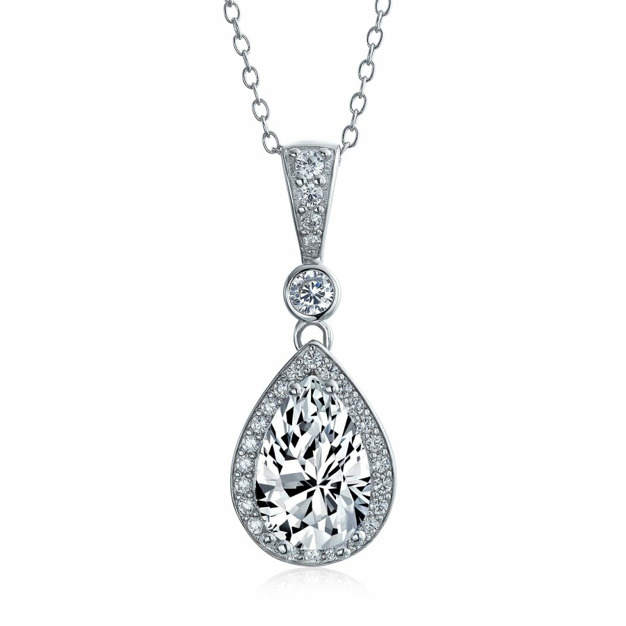 Shop Women Bling Jewelry Pendant Necklaces | Large Bridal Traditional Halo Teardrop Cz Dangling Pendant Necklace