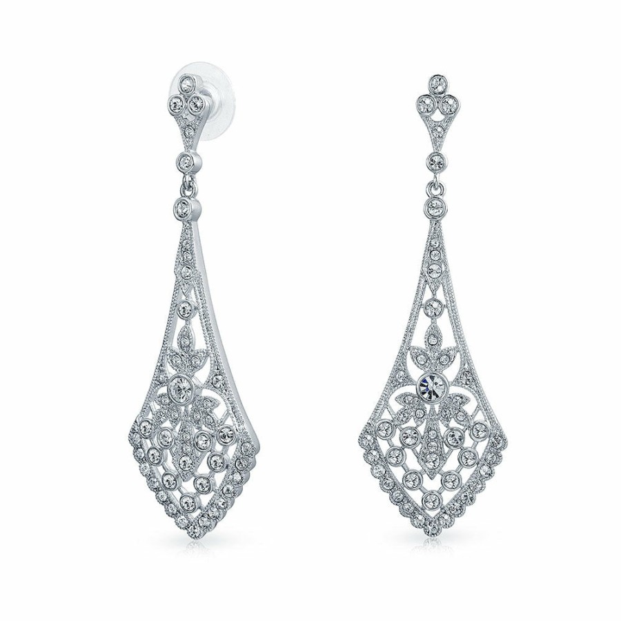 Shop Women Bling Jewelry Chandelier Earrings | Art Deco Style Fan Teardrop Crystal Chandelier Statement Earrings Silver Tone