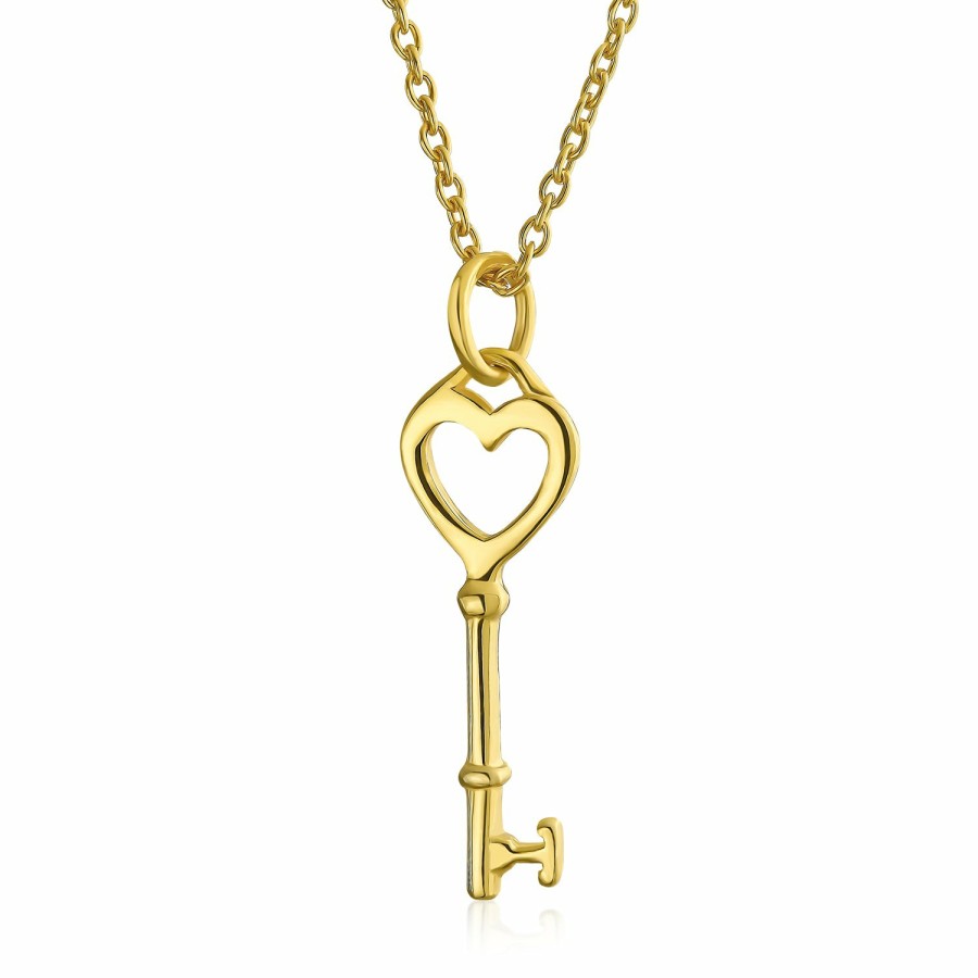 Shop Women Bling Jewelry Delicate Pendant Necklaces | Romantic Open Heart Key Shaped Pendant 14K Gold Plated .925 Silver