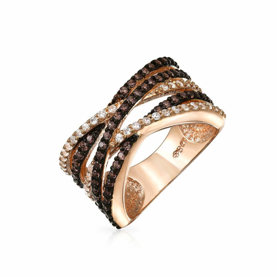 Shop Women Bling Jewelry Statement Cocktail Rings | Criss Cross Two Tone Brown Aaa Cz Band Ring Gold Plated Brass