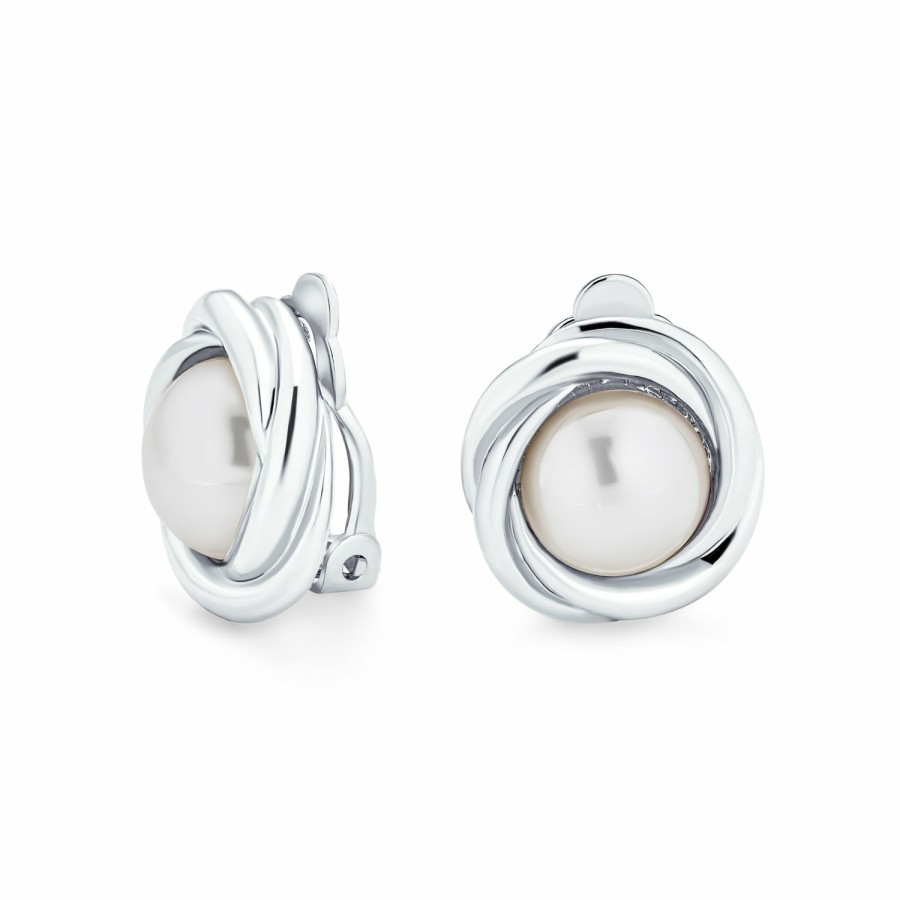 Shop Women Bling Jewelry Clip On Earrings | Twist Cable Simulated Round White Pearl Clip On Earrings Gold Or Silver