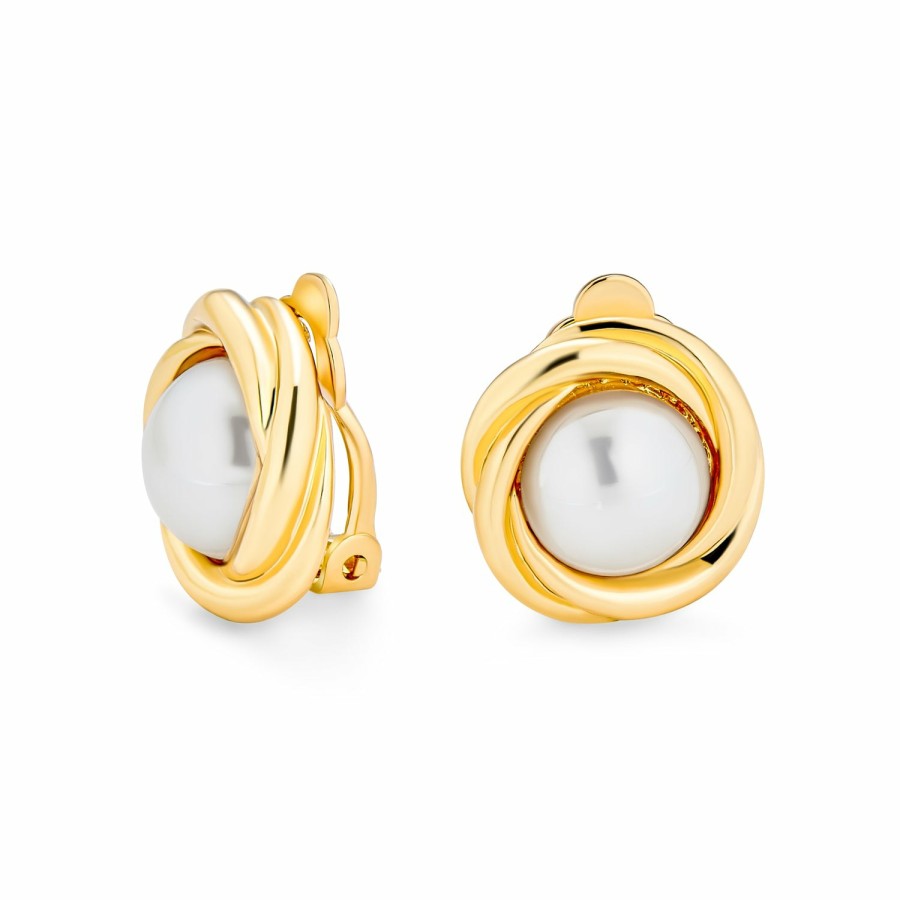 Shop Women Bling Jewelry Clip On Earrings | Twist Cable Simulated Round White Pearl Clip On Earrings Gold Or Silver