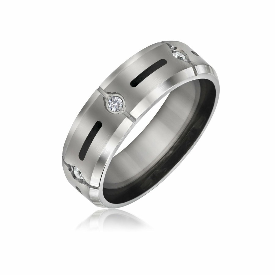 Shop Women Bling Jewelry Wedding Bands | Black Inlay Aaa Cz Accent Mens Titanium Wide Wedding Band Ring 8Mm Silver