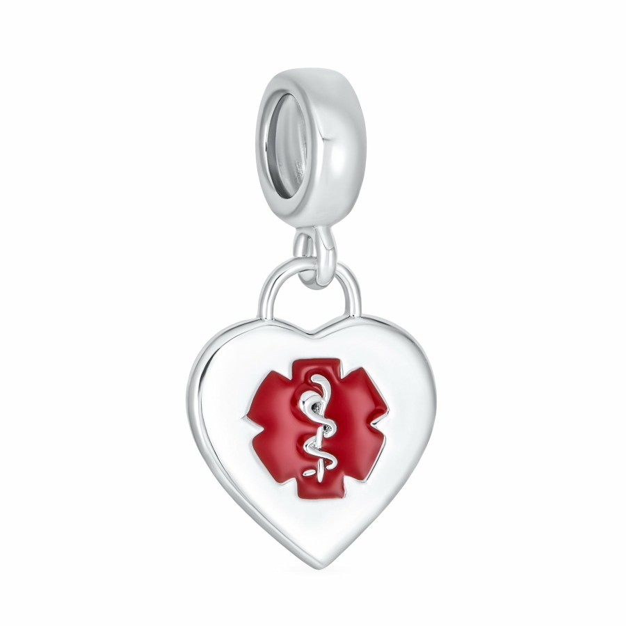 Shop Women Bling Jewelry Unique Charms | Medical Alert Id Heart Shape Dangle Bead Charm .925Sterling Silver