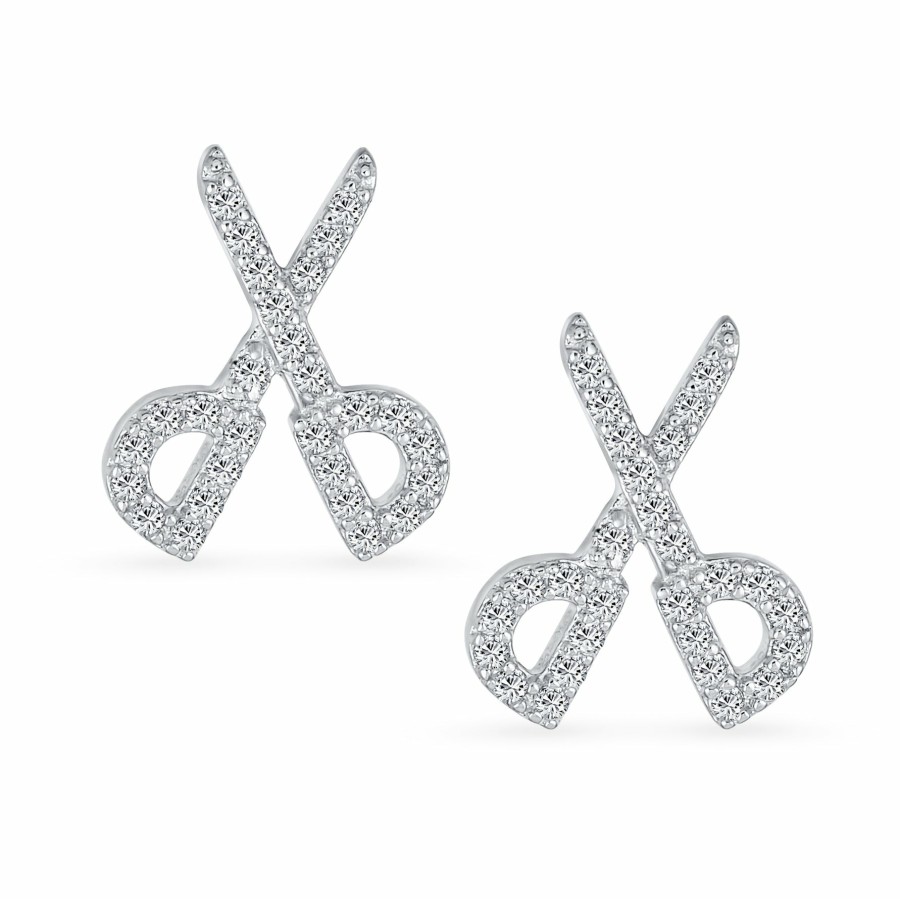 Shop Women Bling Jewelry Stud Earrings | Whimsical Scissors Stud Earrings Cz Accent Hair Salon Stylist Sterling Silver