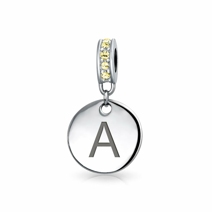 Shop Women Bling Jewelry Love Heart Beads | Yellow Crystal Alphabet Initials Disc Dangle Circle Charm .925 Silver