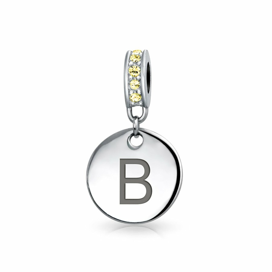 Shop Women Bling Jewelry Love Heart Beads | Yellow Crystal Alphabet Initials Disc Dangle Circle Charm .925 Silver