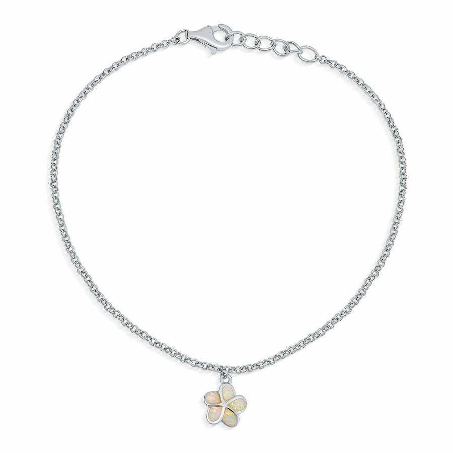 Shop Women Bling Jewelry Delicate Bracelets | Created White Opal Plumeria Flower Anklet Link Chain Sterling Silver