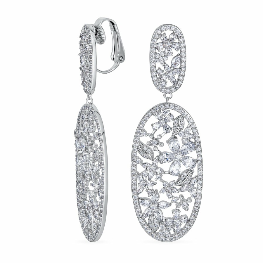 Shop Women Bling Jewelry Clip On Earrings | Bridal Oval Flower Bouquet Chandelier Clip On Earrings Silver Plated