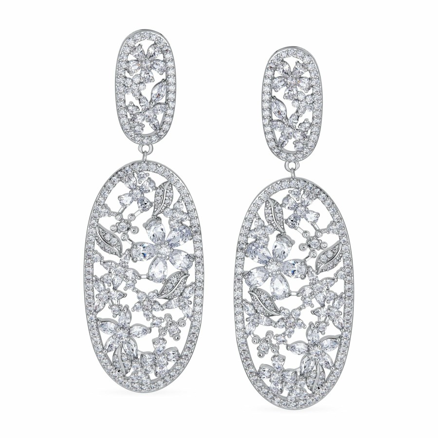 Shop Women Bling Jewelry Clip On Earrings | Bridal Oval Flower Bouquet Chandelier Clip On Earrings Silver Plated