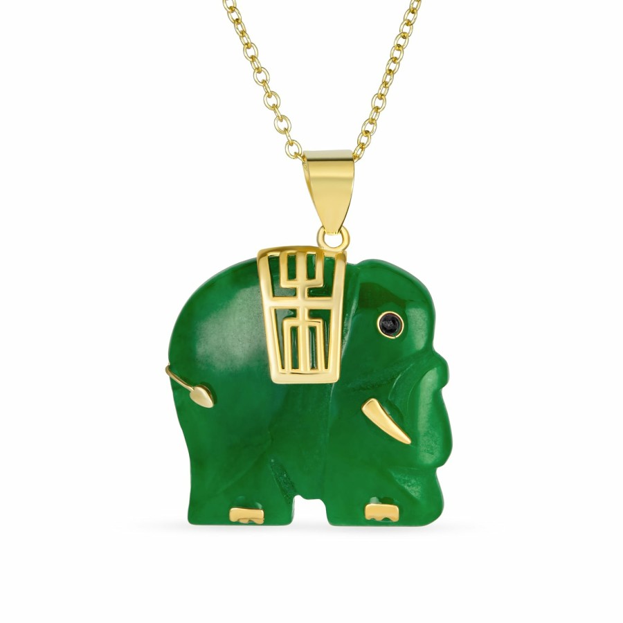 Shop Women Bling Jewelry Pendant Necklaces | Gemstone Indian Elephant Green Jade Pendant Gold Plate Silver Necklace