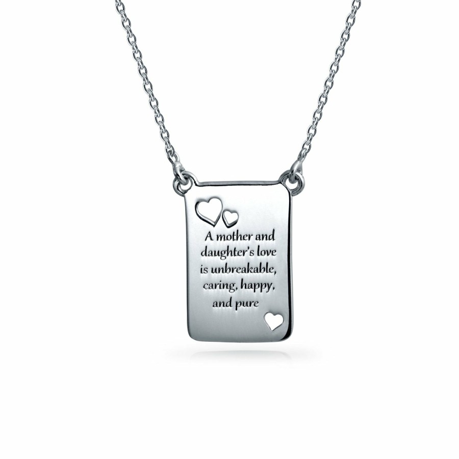 Shop Women Bling Jewelry Engravable Necklaces | Buff Mother Daughter Bond Word Quote Rectangular Heart Pendant Necklace Silver