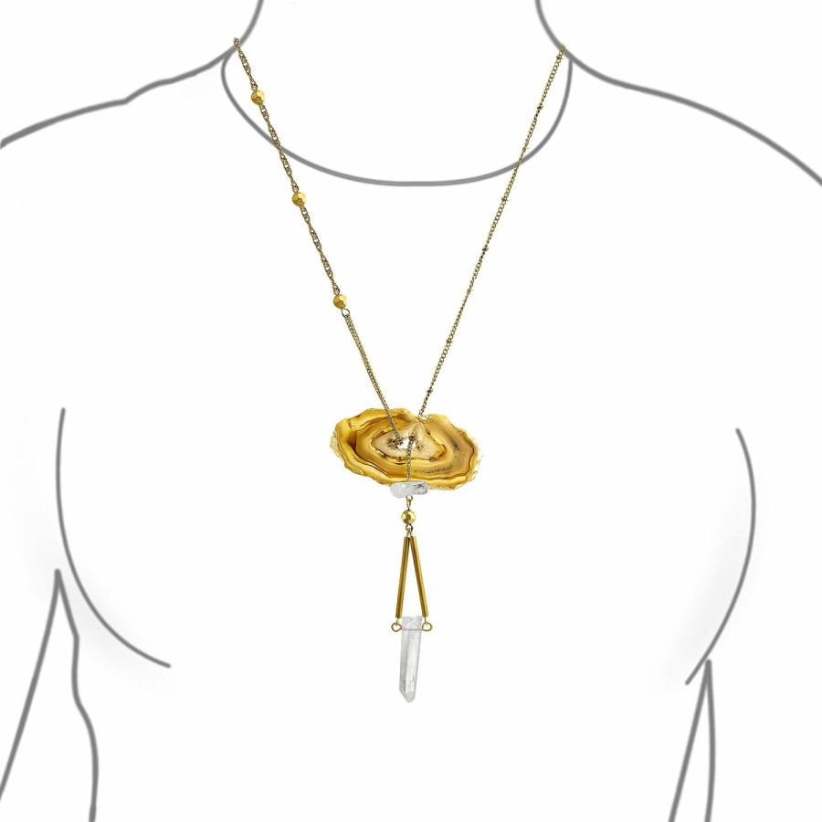 Shop Women Bling Jewelry Statement Necklaces | Agate Healing Crystal Quartz Lariat Y Necklace Bronze Tone Metal