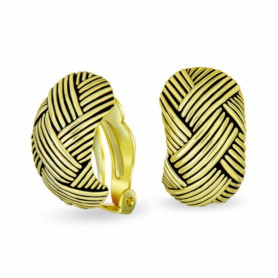 Shop Women Bling Jewelry Clip On Earrings | Woven Braided Basket Weave Hoop Clip On Earrings Oxidized Gold Plated