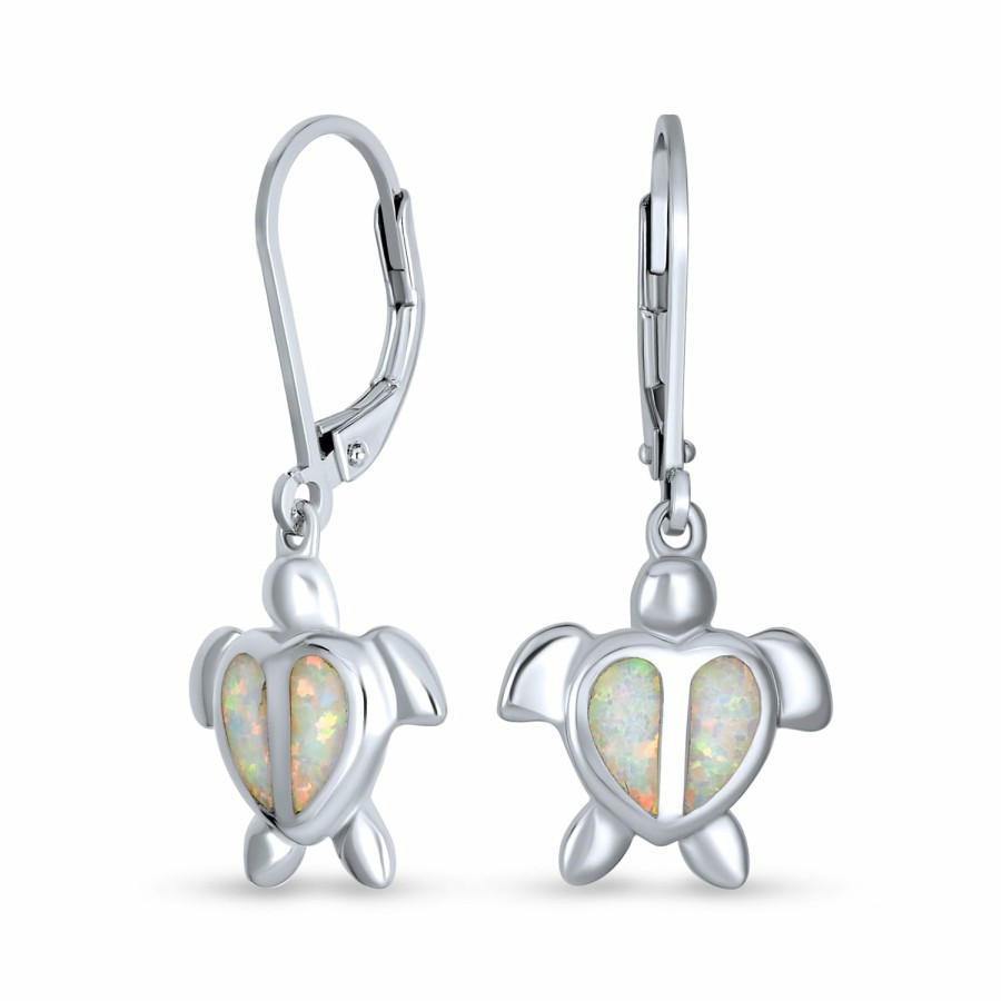 Shop Women Bling Jewelry Dangle Drop Earrings | Created Opal Heart Turtle Drop Lever Back Earrings .925 Sterling Silver