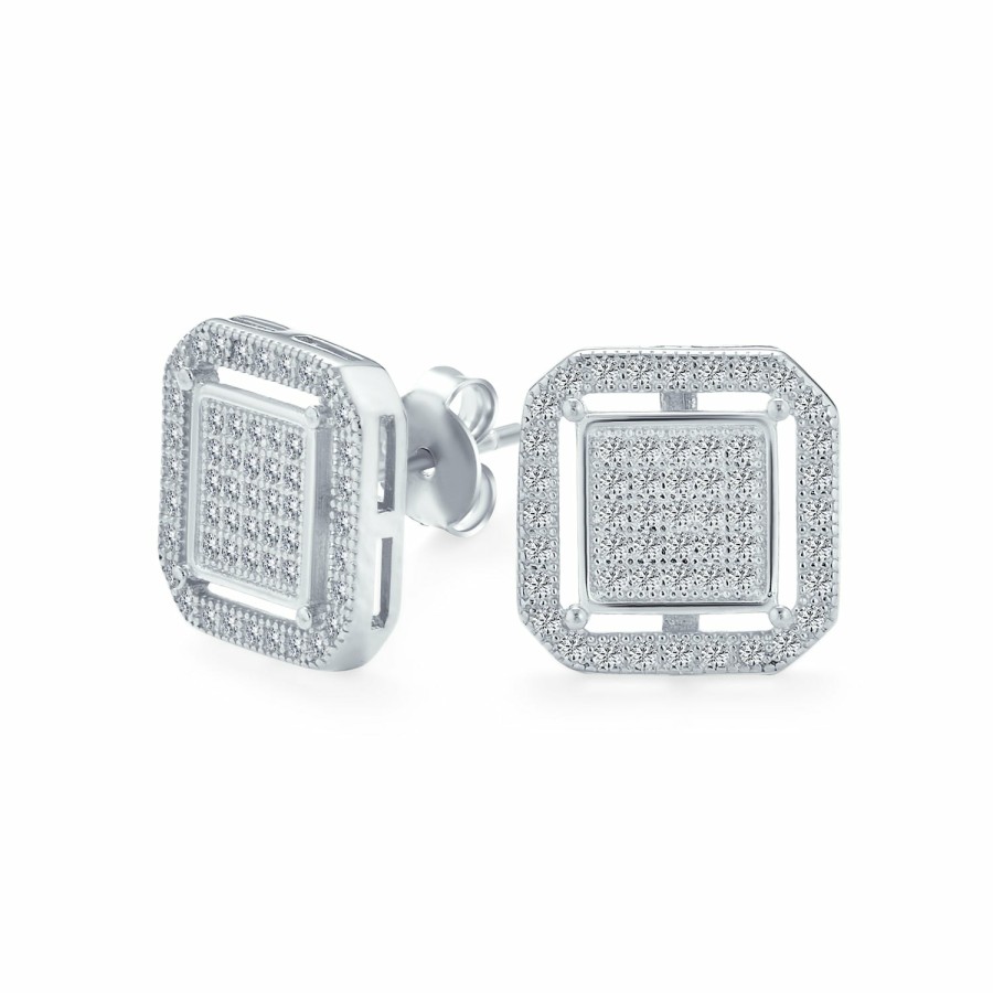 Shop Men Bling Jewelry Mens Earrings | Geometric Square Box Cubic Zirconia Pave Cz Stud Earrings For Men