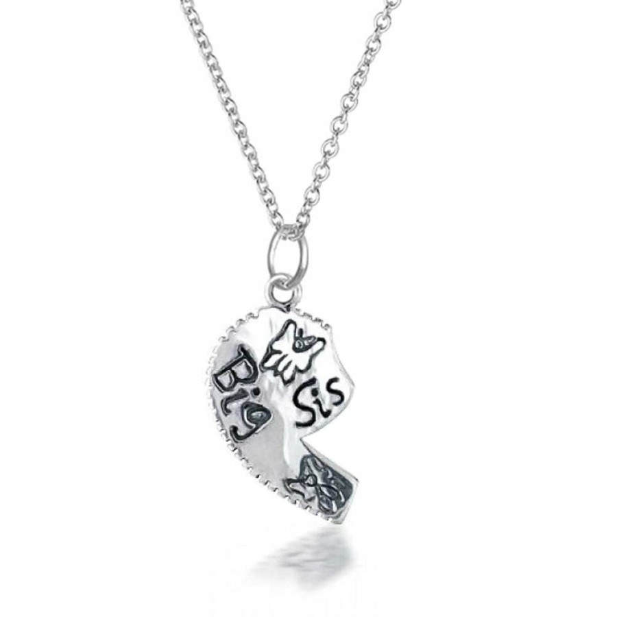 Shop Women Bling Jewelry Engravable Necklaces | Sis Lil Sis Best Friend Split Heart Apart 2Pc Sterling Necklace Silver