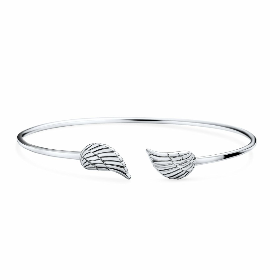 Shop Women Bling Jewelry Delicate Bracelets | Thin Angel Wing Feather Bangle Cuff Bracelet High .925 Sterling Silver