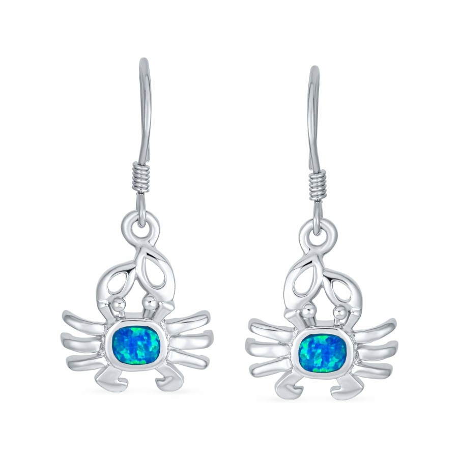 Shop Women Bling Jewelry | Tiny Nautical Created Opal Beach Crab Drop Earrings .925 Silver Blue