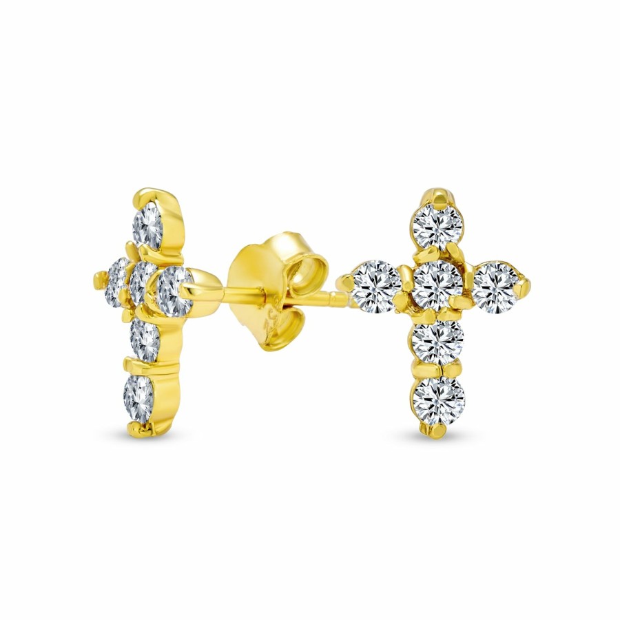 Shop Women Bling Jewelry | Religious Petite Cross Cz Stud Earrings Gold Plated Sterling Silver