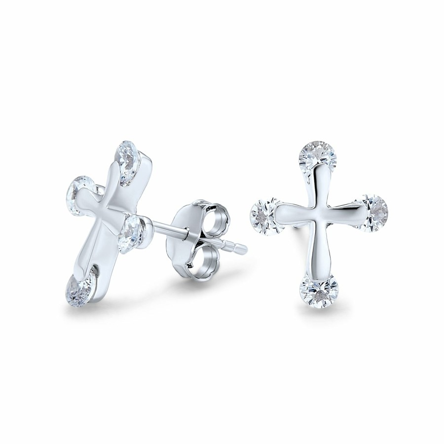 Shop Women Bling Jewelry | Religious Petite Cross Cz Stud Earrings Gold Plated Sterling Silver