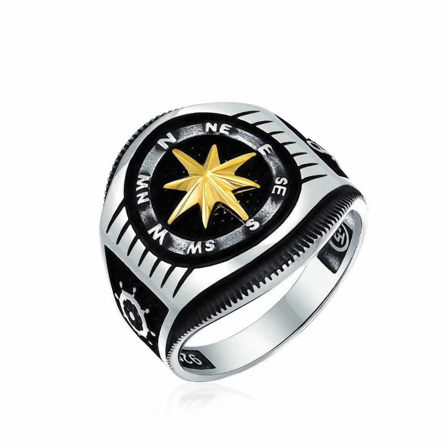 Shop Men Bling Jewelry Mens Engravable Rings | Mens Large Boat Wheel Compass Signet Ring Black Gold-Tone .925 Silver