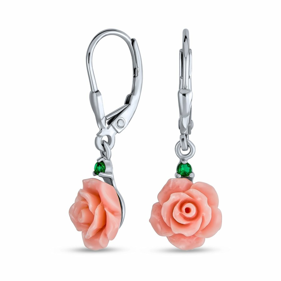 Shop Women Bling Jewelry Dangle Drop Earrings | 3D Rose Flower Cz Accent Lever Back Drop Earrings Sterling Silver