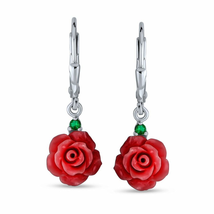 Shop Women Bling Jewelry Dangle Drop Earrings | 3D Rose Flower Cz Accent Lever Back Drop Earrings Sterling Silver